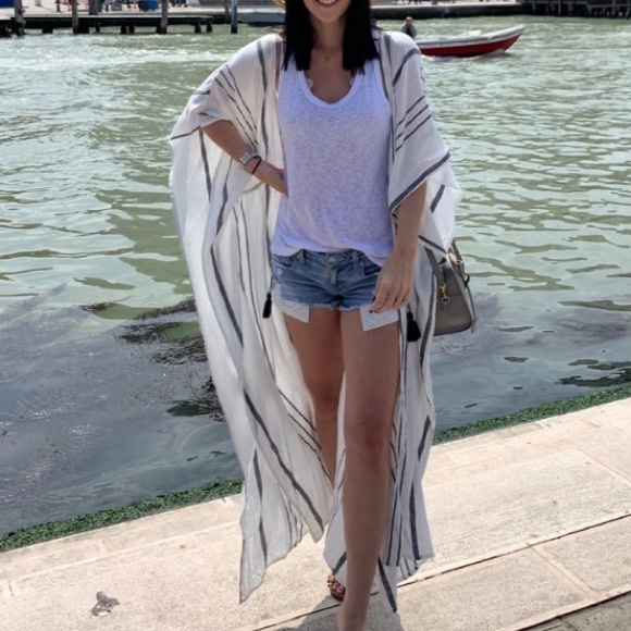 Lovestitch White Beige Stripe Open Tie Front Flowy Maxi Caftan Coverup Kimono - Picture 7 of 12